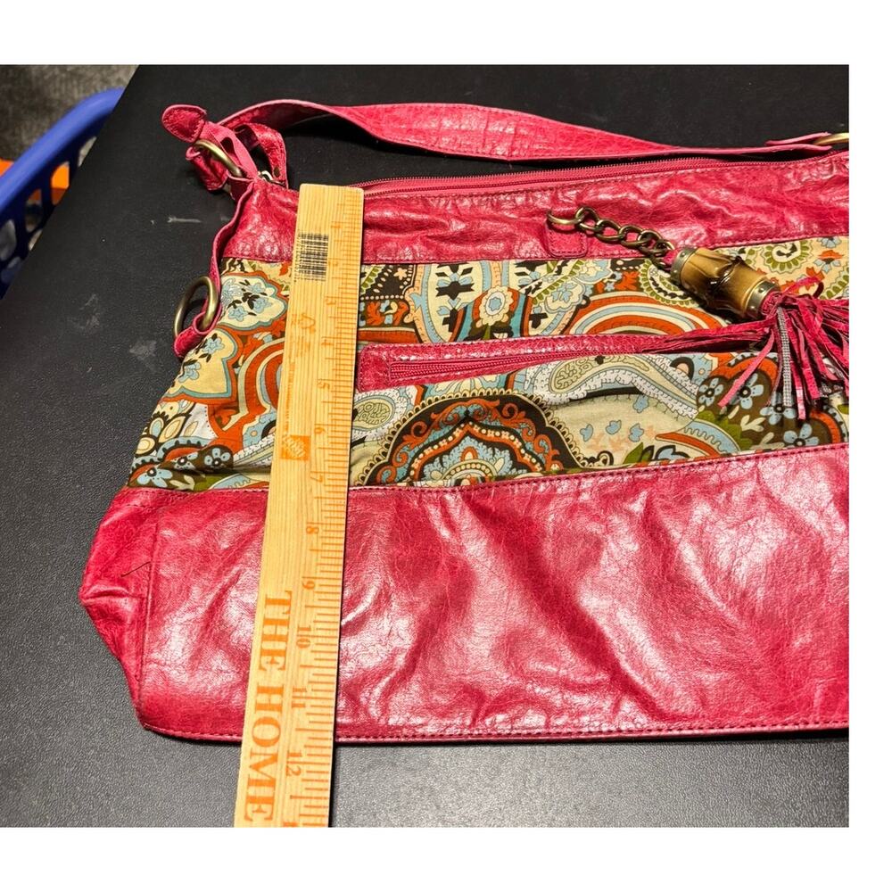Boho Paisley Shoulder Bag Pink Faux Leather Trim Tassel Zip Purse Medium - Picture 10 of 10